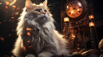 White Persian cat at the temple of time, casting a spell on the hands of the clock to travel...