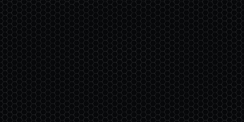 Dark gray abstract wide horizontal banner with hexagon carbon fiber grid and orange luminous lines. Technology vector background with orange neon lines - obrazy, fototapety, plakaty