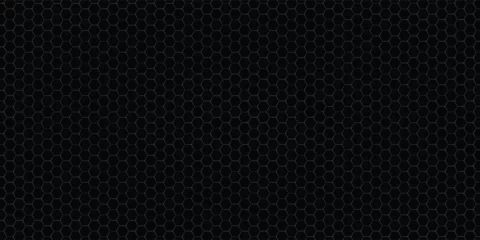 Foto op Plexiglas Dark gray abstract wide horizontal banner with hexagon carbon fiber grid and orange luminous lines. Technology vector background with orange neon lines © halwani