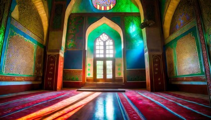 Fototapeta na wymiar Moonlight shine through the window into islamic interior mosque 
