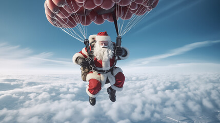 photography Santa Claus parachuting from an airplane. - obrazy, fototapety, plakaty