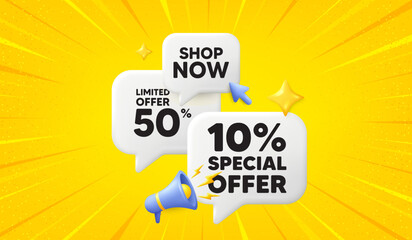 10 percent discount offer tag. 3d offer chat speech bubbles. Sale price promo sign. Special offer symbol. Discount speech bubble 3d message. Talk box megaphone banner. Vector