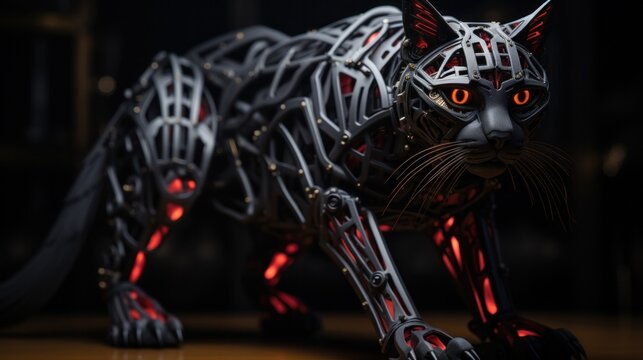 Robot cat getting ready for a fight, red eyes on high alert, futuristic animatronic kitty