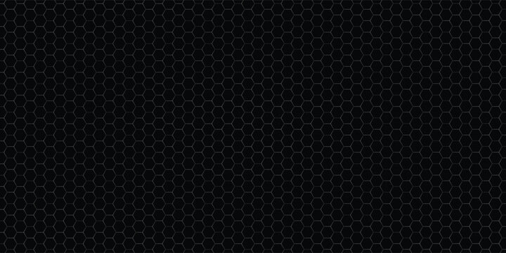 Dark gray abstract wide horizontal banner with hexagon carbon fiber grid and orange luminous lines. Technology vector background with orange neon lines