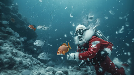 photography  Santa Claus scuba diving under the sea.