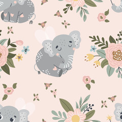 Vector seamless pattern with cute fairytale elephant. Suitable for printing on fabric, cards and more.