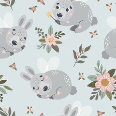 Vector seamless pattern with cute fairy-tale hare. Suitable for printing on fabric, cards and more.