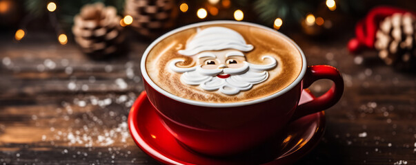 Top View of Latte Coffee with Santa Claus Art Foam for Christmas and New Year