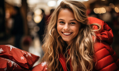 Stylish Young Woman Doing Christmas Shopping, Close-Up - obrazy, fototapety, plakaty
