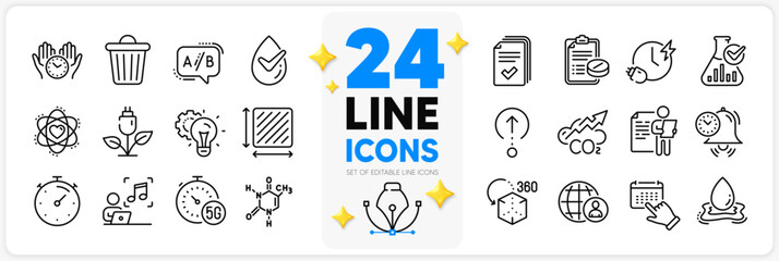 Icons set of Safe time, Chemical formula and Idea gear line icons pack for app with Time management, Dermatologically tested, Co2 thin outline icon. Handout, Chemistry lab, Eco power pictogram. Vector