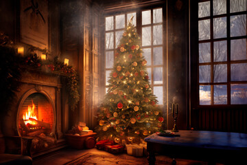 The interior of a country house with a fireplace decorated with a Christmas tree on the eve of the holiday.