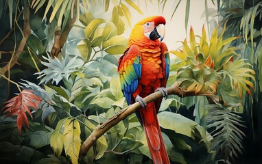 Watercolor Rainforest Reverie, Macaw bird