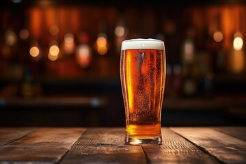 A glass of beer, template, mockup of an alcoholic beverage standing on a wooden table on the background of a beerhouse. Suitable for pub or bar menu design. - obrazy, fototapety, plakaty
