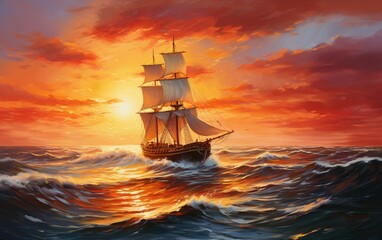 Oil painting of sailboat at sunset on the sea