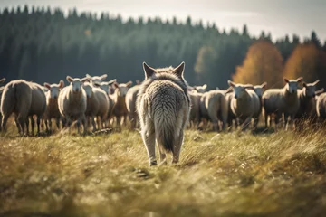 Foto op Plexiglas Wild wolf in front of herd of livestock sheep © Firn