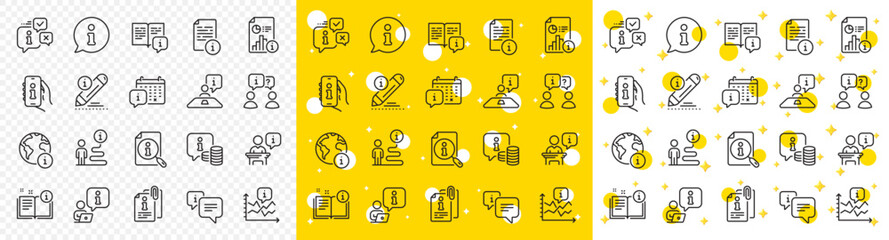 Reception information, Journey path, Guide book. Info center line icons. Call center, Faq chat bubbles, Info help desk icons. Question mark, Search information and Customer help service. Vector