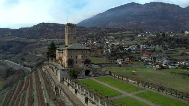 Italy, Valle d'Aosta region famous with medieval historic castles. Scenic Sarre village and beatiful castle aerial drone view. 4kHD video