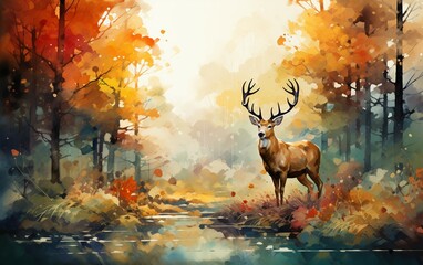 Wallpaper watercolor painting of Deer in Autumn
