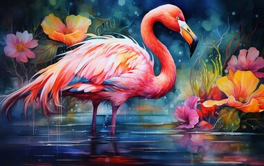 Watercolor wallpaper, natural landscape of flamingo
