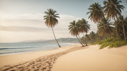 A serene, coastal beach with palm trees and golden sand.