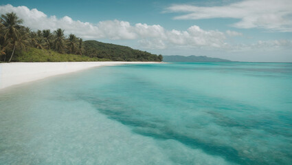 A serene beach with crystal-clear turquoise waters.