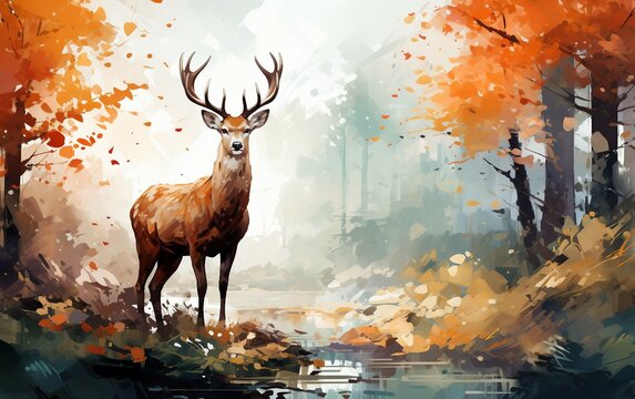 Wallpaper Watercolor Painting Of Deer In Forest Landscape