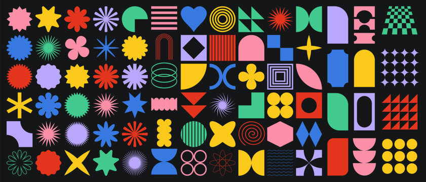Vector set of brutalist geometric shapes. Trendy abstract minimalist figures, stars, flowers, circles. Modern abstract graphic design elements. Vector
