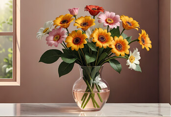 Bouquets of flowers in a vase in a decorative space with a pastel background