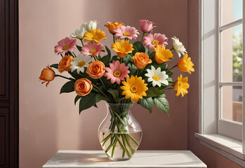 Bouquets of flowers in a vase in a decorative space with a pastel background