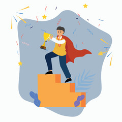 Businessman with golden cup , young man standing with business award , male holding a victory trophy prize , Win contest Illustration
