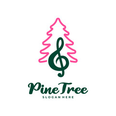 Pine Tree with Note Music logo design vector. Creative Pine Tree logo concepts template