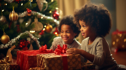 African American happy little girl and boy takes hold a christmas gift in your hands. Christmas and New Year celebrations family. .