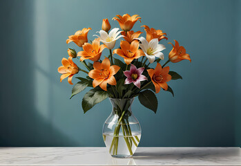 Bouquets of flowers in a vase in a decorative space with a pastel background