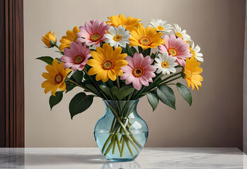 Bouquets of flowers in a vase in a decorative space with a pastel background