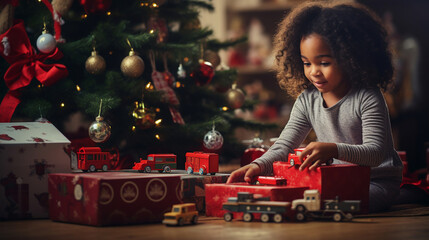 Curly American happy little girl holding in his hands a red gift box tied with a ribbon. Christmas and New Year celebrations family. - Powered by Adobe