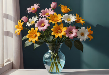 Bouquets of flowers in a vase in a decorative space with a pastel background