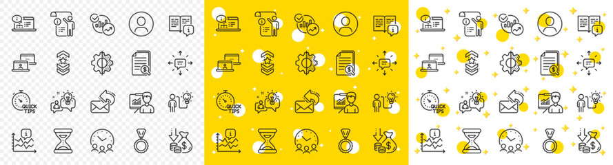Outline Chart, Presentation and Medal line icons pack for web with Sms, Share mail, Manual doc line icon. Meeting time, Deflation, Headshot pictogram icon. Manual, Outsource work. Vector