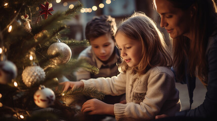The family decorates the Christmas tree. A little girl with her mother and brother decorates the room with garlands. Christmas and New Year celebration concept.