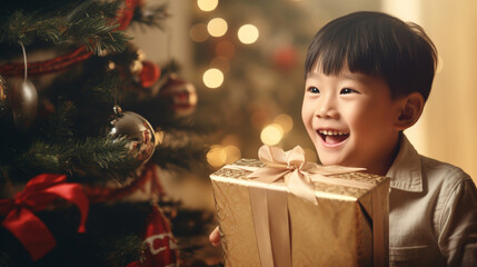Happy Asian boy holds a Christmas present in his hands. Christmas and New Year celebrations.