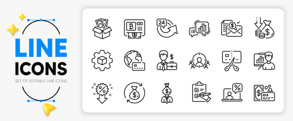 Internet pay, Manager and Presentation board line icons set for app include Deflation, Business targeting, Card outline thin icon. Bankrupt, Bribe, Accounting report pictogram icon. Vector