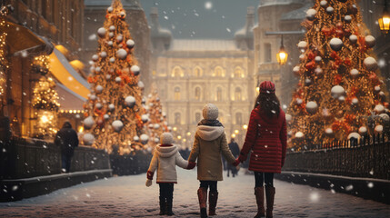 A family walks along a street decorated with Christmas decorations. Concept for celebrating Christmas and New Year holidays.