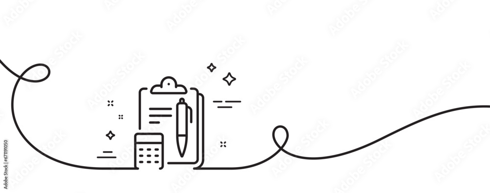 Poster accounting line icon. continuous one line with curl. clipboard document sign. calculate budget symbo