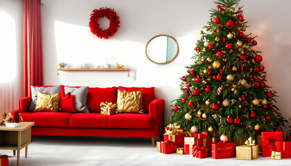 Un salon blanc avec un canapé rouge et un sapin de noël décoré en rouge et or  - obrazy, fototapety, plakaty