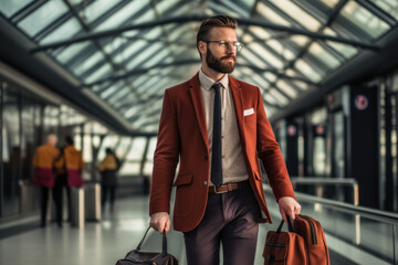 Naklejka premium Handsome young man carries a suitcase in the airport Male businessman traveling by plane