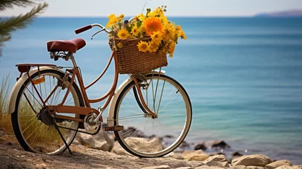 Photo sur Plexiglas Vélo A sunlit beach scene with a vintage bicycle adorned with a basket of vibrant flowers, casting a shadow on the sandy shore