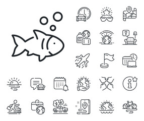 Fishing catch sign. Plane jet, travel map and baggage claim outline icons. Fish line icon. Fresh seafood symbol. Fish line sign. Car rental, taxi transport icon. Place location. Airport lounge. Vector