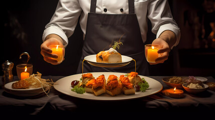 a chef holding a plate of food with a lot of sauce on it and a candle in the background