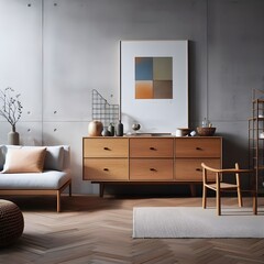 In the corner of a minimalist living room, a wooden dresser sits proudly against a concrete wall. A carefully chosen art poster adds a pop of color to the Scandinavian-inspired space