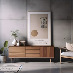 In the corner of a minimalist living room, a wooden dresser sits proudly against a concrete wall. A carefully chosen art poster adds a pop of color to the Scandinavian-inspired space