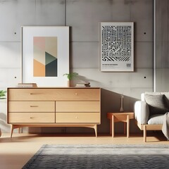 In the corner of a minimalist living room, a wooden dresser sits proudly against a concrete wall. A...